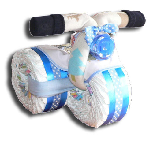 Diaper tricycle blue with cuddly toy - diaper cake